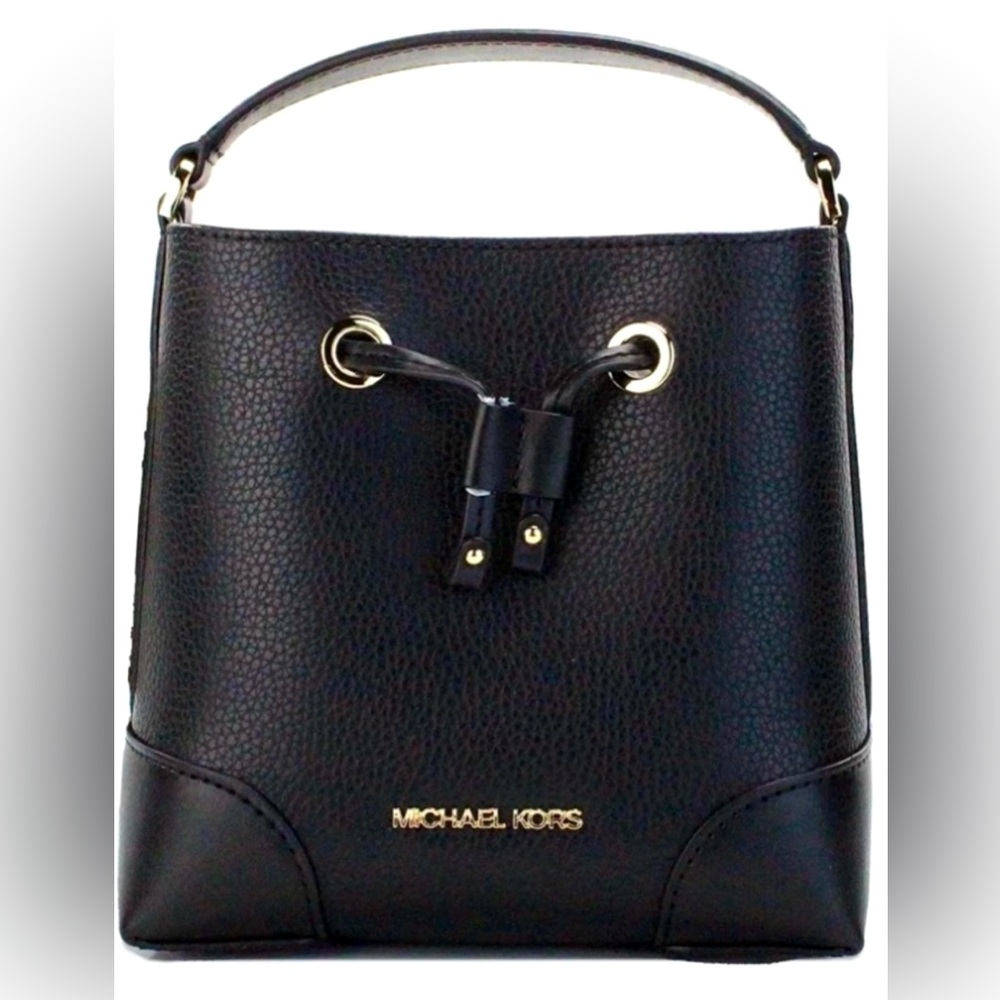 MICHAEL Michael Kors Black Mercer Small Drawstring Leather Messenger Bucket Tote